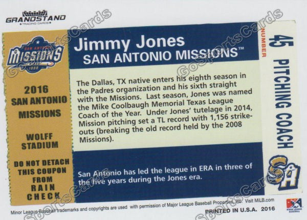 2016 San Antonio Missions Jimmy Jones Back of Card