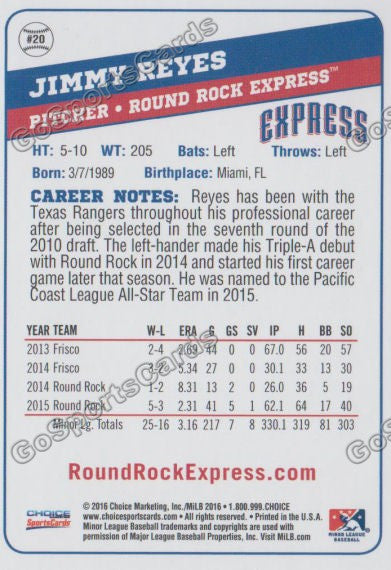 2016 Round Rock Express Jimmy Reyes Back of Card