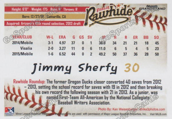 2016 Visalia Rawhide Jimmy Jimmie Sherfy Back of Card
