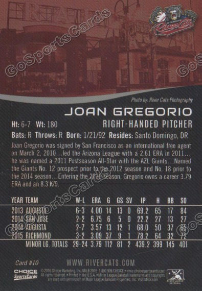 2016 Sacramento River Cats Joan Gregorio Back of Card