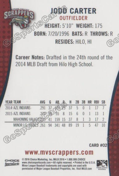 2016 Mahoning Valley Scrappers Jodd Carter Back of Card