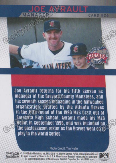 2016 Brevard County Manatees Joe Ayrault Back of Card