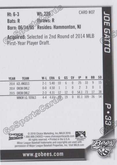 2016 Burlington Bees Joe Gatto  Back of Card