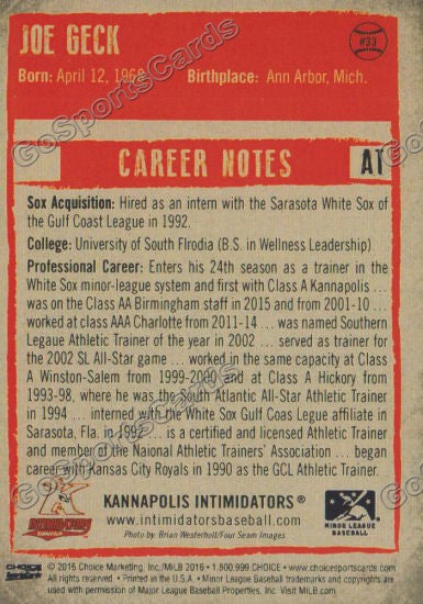 2016 Kannapolis Intimidators Joe Geck Back of Card