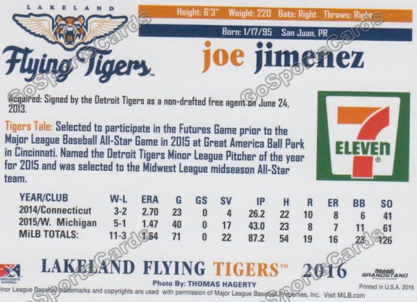 2016 Lakeland Flying Tigers Joe Jimenez Back of Card