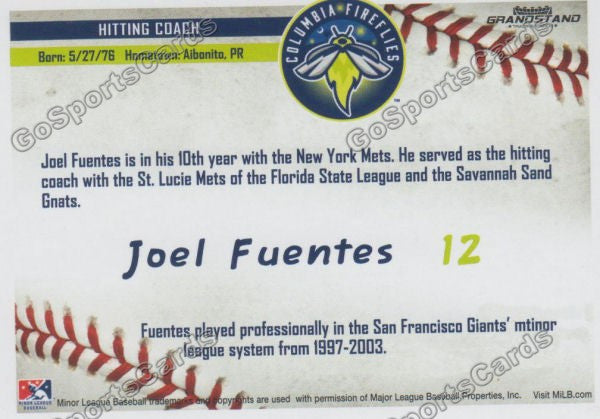 2016 Columbia Fireflies Joel Fuentes Back of Card