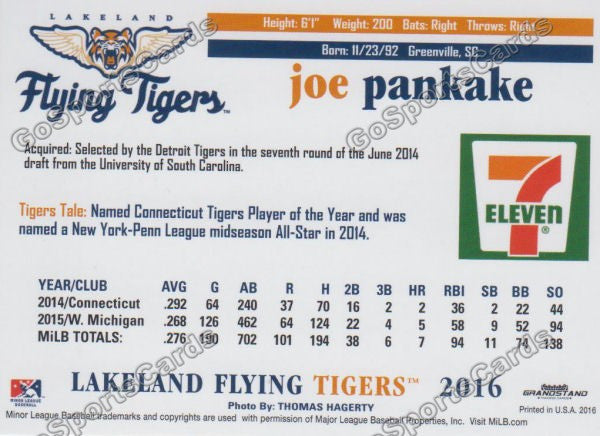 2016 Lakeland Flying Tigers Joey Joe Pankake Back of Card