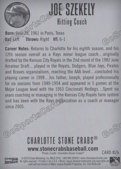 2016 Charlotte Stone Crabs Joe Szekely Back of Card