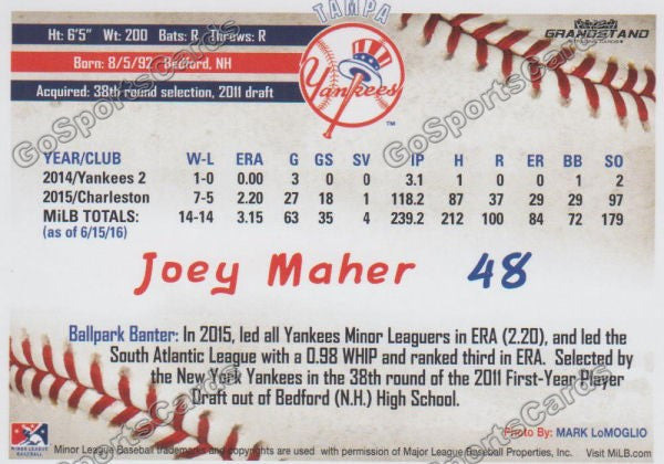 2016 Tampa Yankees Joey Maher Back of Card