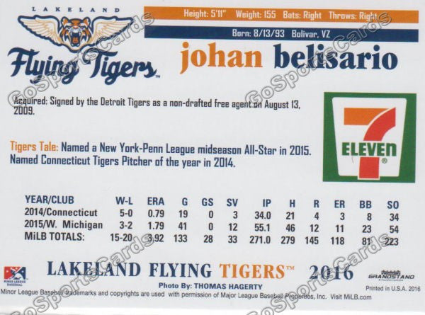 2016 Lakeland Flying Tigers Johan Belisario Back of Card