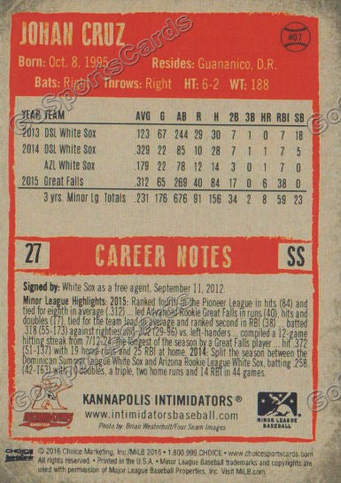  2016 Kannapolis Intimidators Johan Cruz Back of Card