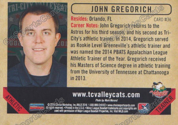 2016 Tri City ValleyCats John Gregorich Back of Card