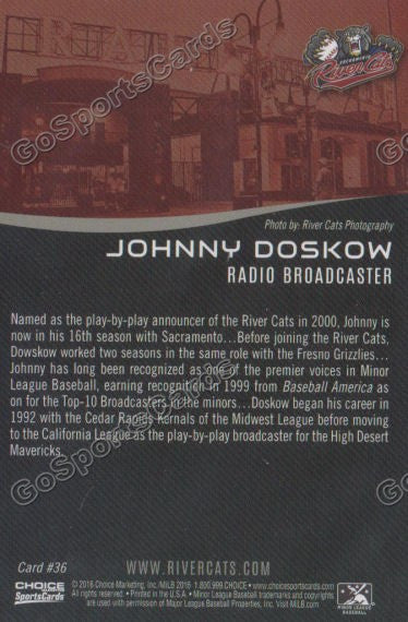 2016 Sacramento River Cats Johnny Doskow Back of Card