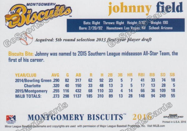 2016 Montgomery Biscuits Johnny Field  Back of Card