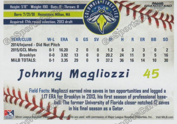 2016 Columbia Fireflies Johnny Magliozzi Back of Card