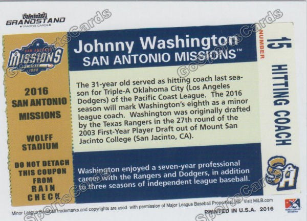 2016 San Antonio Missions Johnny Washington Back of Card