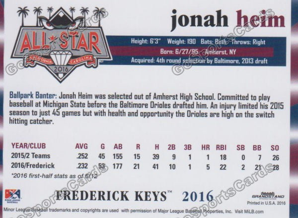 2016 Carolina League All Star Jonah Heim Back of Card