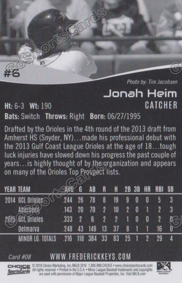 2016 Frederick Keys Jonah Heim Back of Card
