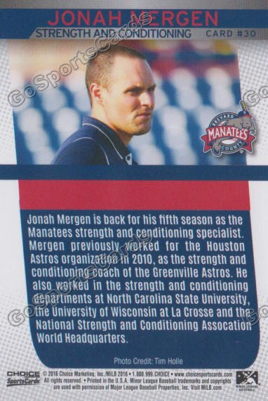 2016 Brevard County Manatees Jonah Mergen Back of Card