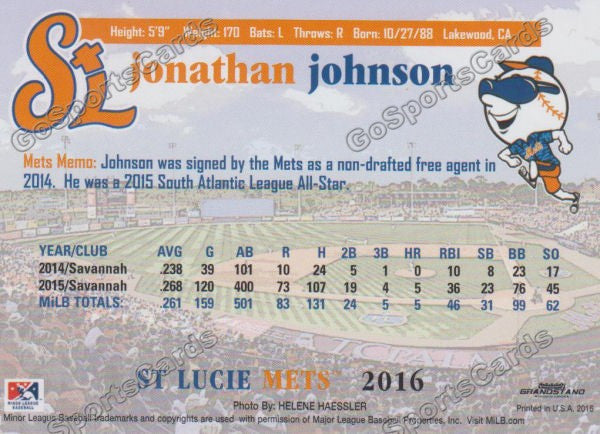 2016 St Lucie Mets Jonathan Johnson  Back of Card
