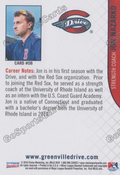 2016 Greenville Drive Jon Nazarko Back of Card