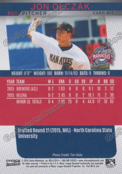 2016 Brevard County Manatees Jon Olczak Back of Card