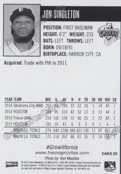 2016 Fresno Grizzlies Jon Singleton Back of Card
