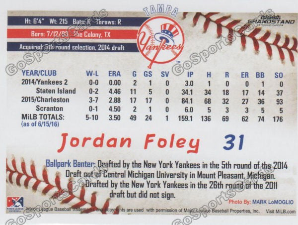 2016 Tampa Yankees Jordan Foley Back of Card