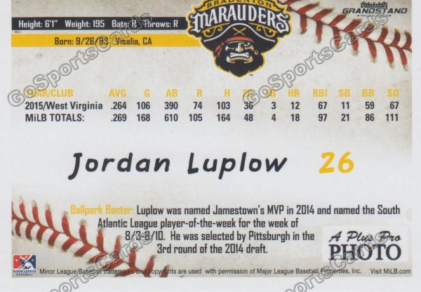 2016 Bradenton Marauders Jordan Luplow Back of Card