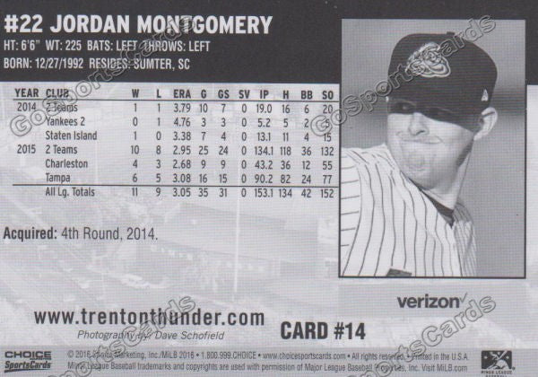 2016 Trenton Thunder Jordan Montgomery Back of Card