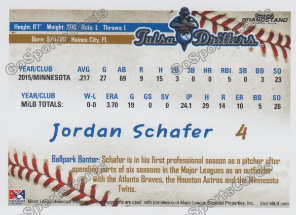 2016 Tulsa Drillers Jordan Schafer Back of Card