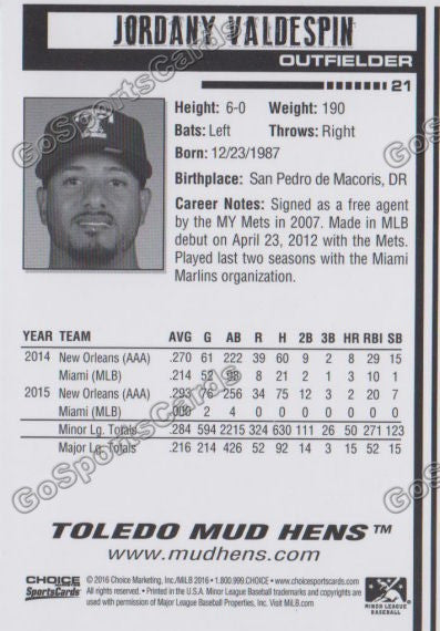 2016 Toledo Mud Hens Jordany Valdespin Back of Card