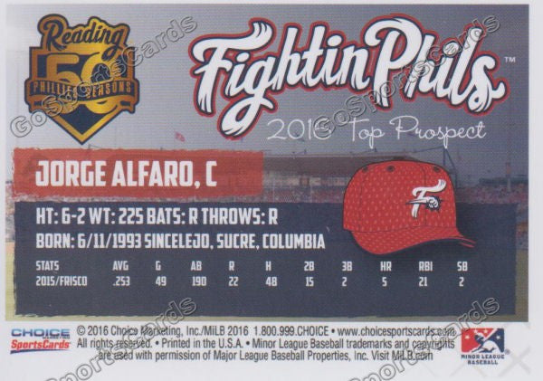 2016 Reading Fightin Phils Top Prospect 11 Jorge Alfaro  Back of Card
