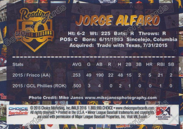 2016 Reading Fightin Phils Top Prospect 25 Jorge Alfaro  Back of Card