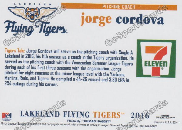 2016 Lakeland Flying Tigers Jorge Cordova Back of Card