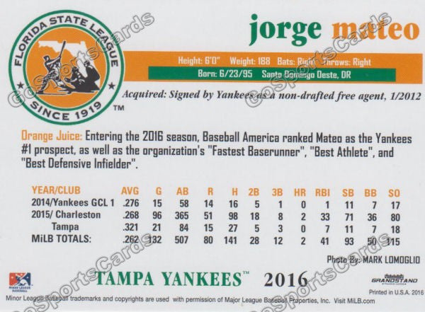2016 Florida State League Top Prospect FSL Jorge Mateo Back of Card