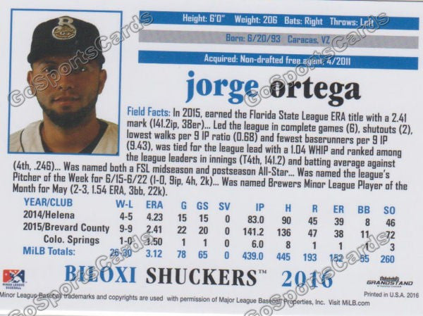 2016 Biloxi Shuckers Jorge Ortega Back of Card
