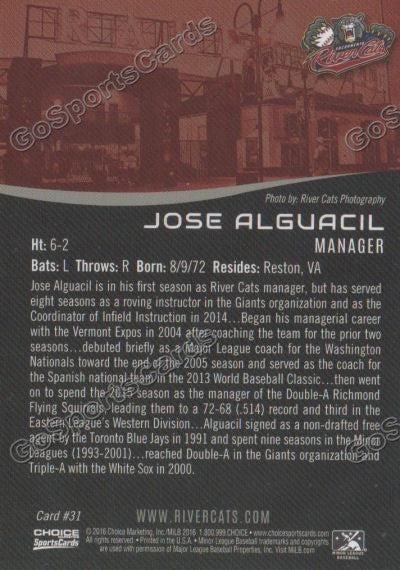 2016 Sacramento River Cats Jose Alguacil Back of Card