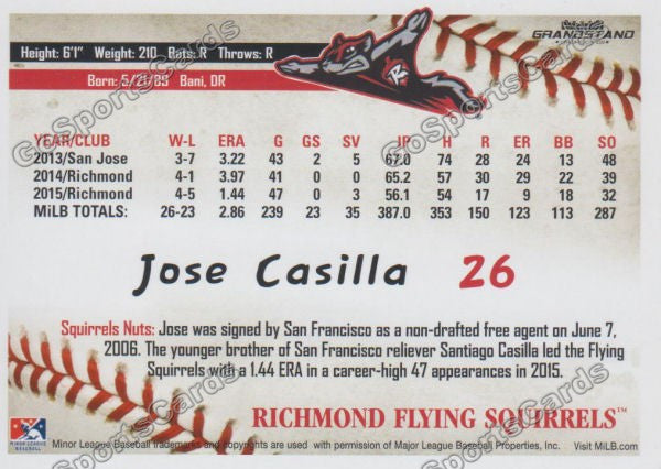 2016 Richmond Flying Squirrels Jose Casilla Back of Card