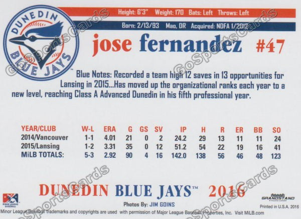 2016 Dunedin Blue Jays Jose Fernandez  Back of Card