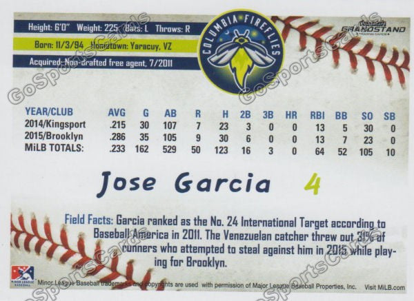 2016 Columbia Fireflies Jose Garcia Back of Card