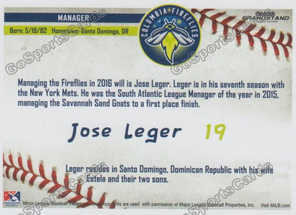 2016 Columbia Fireflies Jose Leger Back of Card