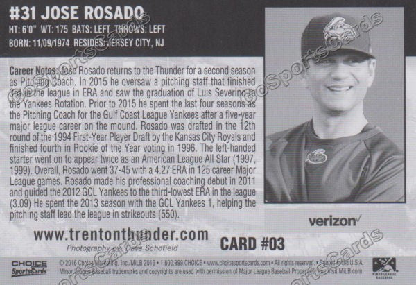 2016 Trenton Thunder Jose Rosado Back of Card