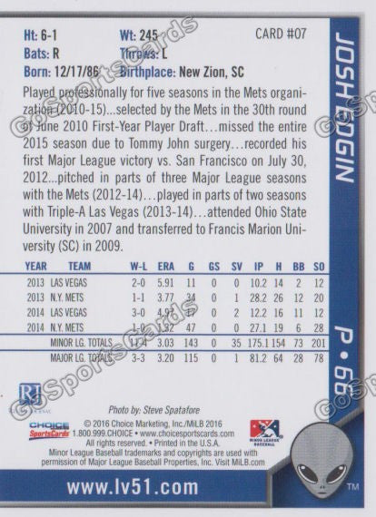 2016 Las Vegas 51s Josh Edgin  Back of Card