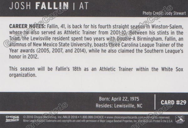 2016 Winston Salem Dash Josh Fallin Back of Card