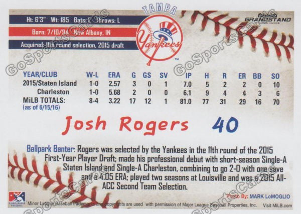 2016 Tampa Yankees Josh Rogers Back of Card