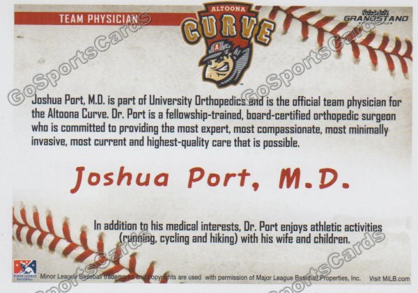 2016 Altoona Curve Joshua Port MD Back of Card