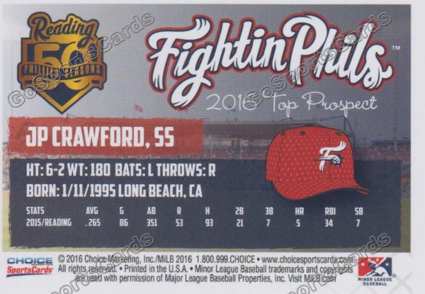2016 Reading Fightin Phils Top Prospect 11 JP Crawford  Back of Card