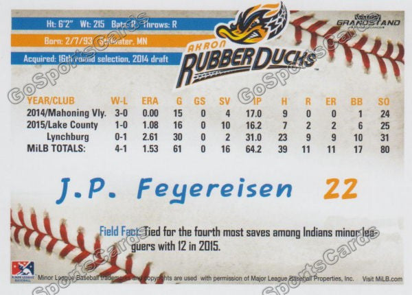 2016 Akron Aeros JP Feyereisen Back of Card