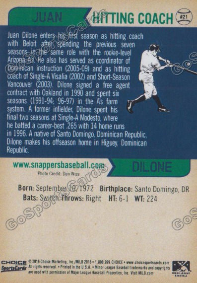 2016 Beloit Snappers Juan Dilone Back of Card